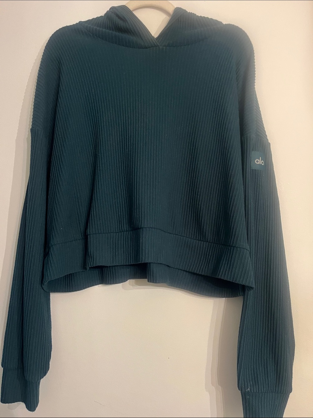 ALO Yoga Ribbed Cropped Hoodie in Deep Teal